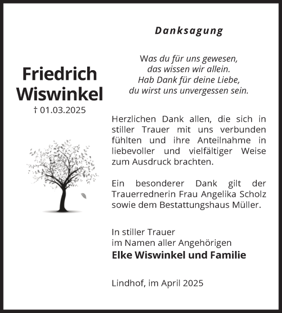 Traueranzeige von Friedrich Wiswinkel von Volksstimme Altmark West