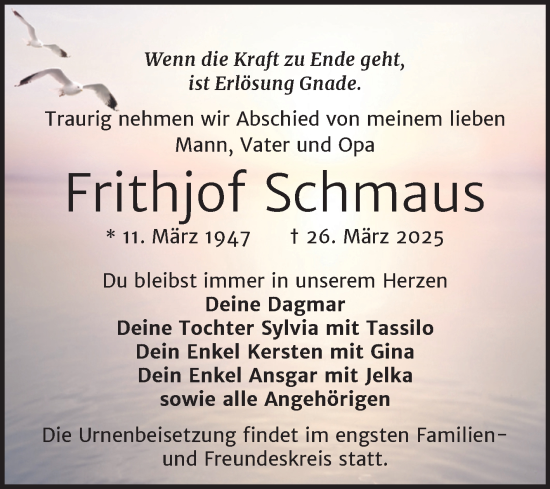 Traueranzeige von Frithjof Schmaus von Trauerkombi Wittenberg