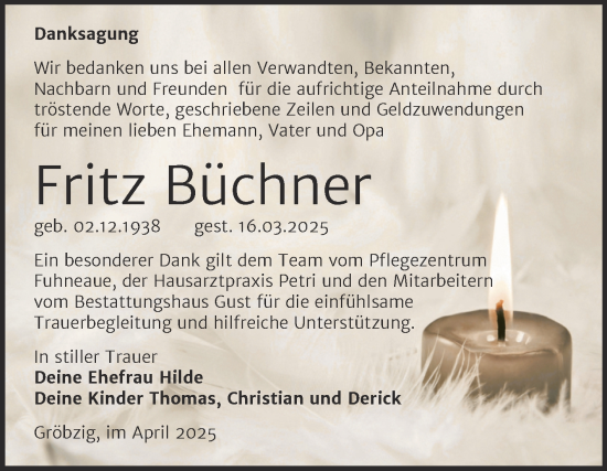 Traueranzeige von Fritz Büchner von Trauerkombi Köthen
