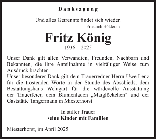 Traueranzeige von Fritz König von Volksstimme Altmark West