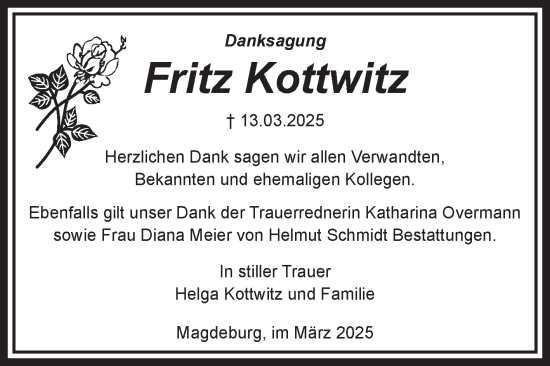 Traueranzeige von Fritz Kottwitz von Volksstimme Magdeburg