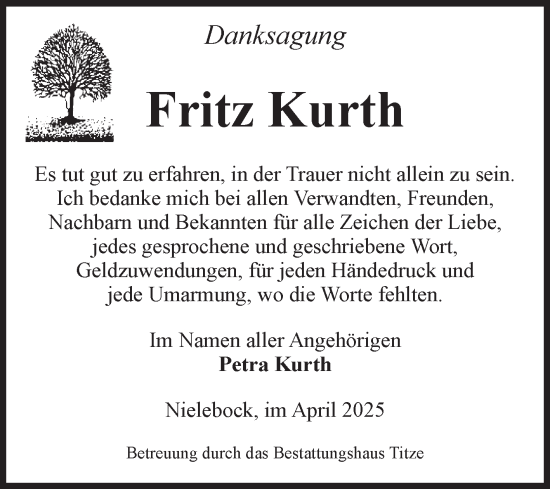 Traueranzeige von Fritz Kurth von Volksstimme Burg/Genthin