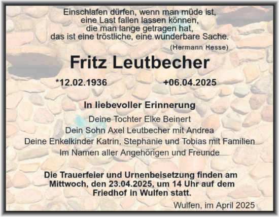 Traueranzeige von Fritz Leutbecher von Trauerkombi Köthen