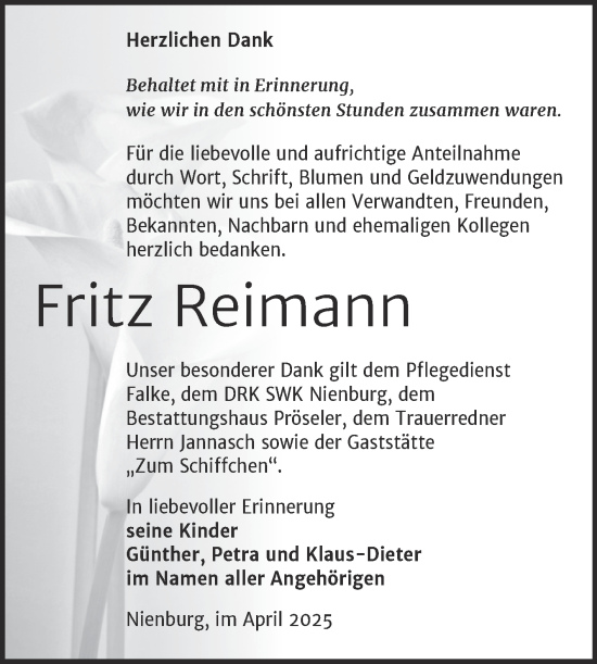 Traueranzeige von Fritz Reimann von Trauerkombi Bernburg