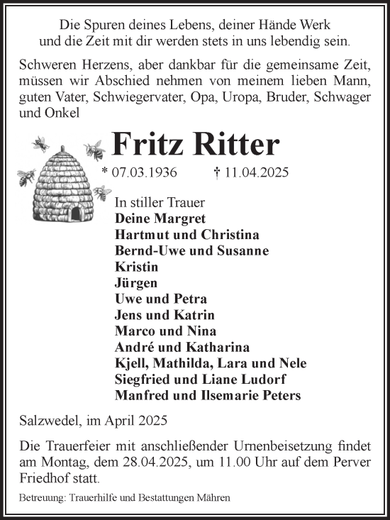Traueranzeige von Fritz Ritter von Volksstimme Altmark West