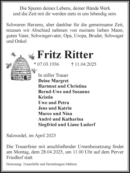 Traueranzeige von Fritz Ritter von Volksstimme Altmark West