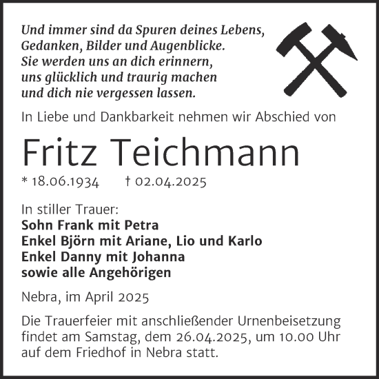 Traueranzeige von Fritz Teichmann von Super Sonntag Naumburg/Nebra