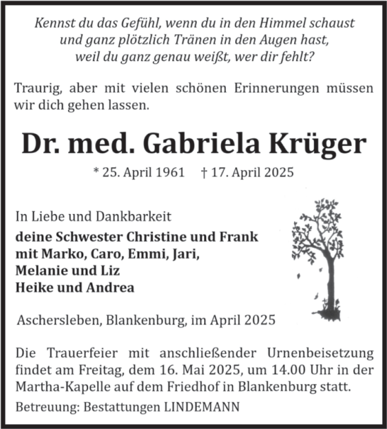 Traueranzeige von Gabriela Krüger von Volksstimme Wernigerode