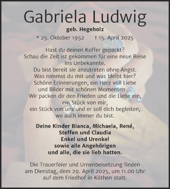 Traueranzeige von Gabriela Ludwig von Trauerkombi Köthen