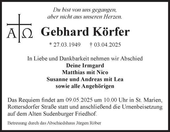 Traueranzeige von Gebhard Körfer von Volksstimme Magdeburg