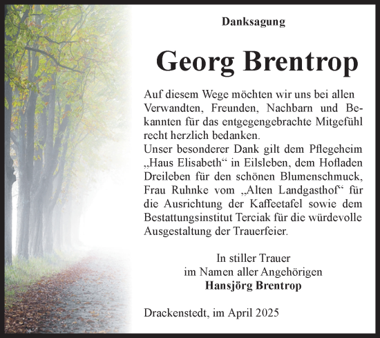 Traueranzeige von Georg Brentrop von Volksstimme Oschersleben/Wanzleben