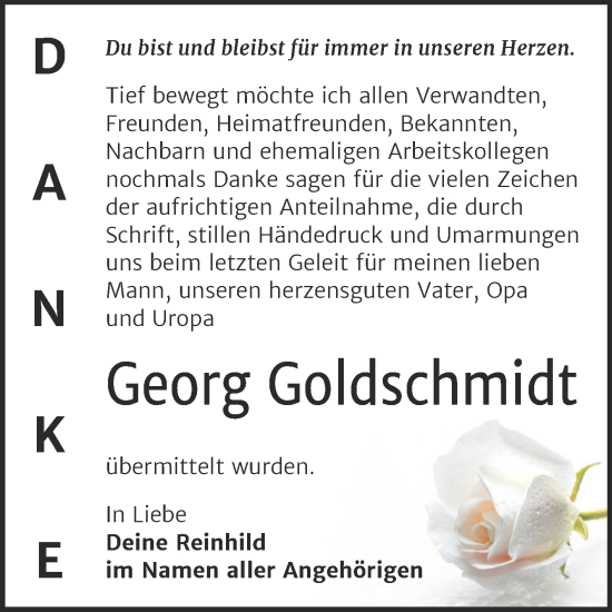 Traueranzeige von Georg Goldschmidt von Trauerkombi Sangerhausen