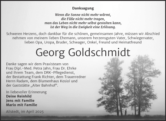 Traueranzeige von Georg Goldschmidt von Trauerkombi Sangerhausen
