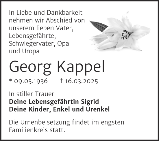 Traueranzeige von Georg Kappel von Trauerkombi Wittenberg
