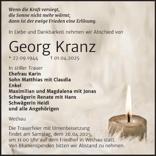 Traueranzeige von Georg Kranz von Super Sonntag Naumburg/Nebra