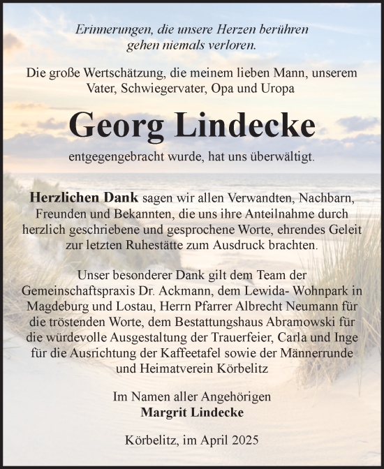 Traueranzeige von Georg Lindecke von Volksstimme Burg/Genthin
