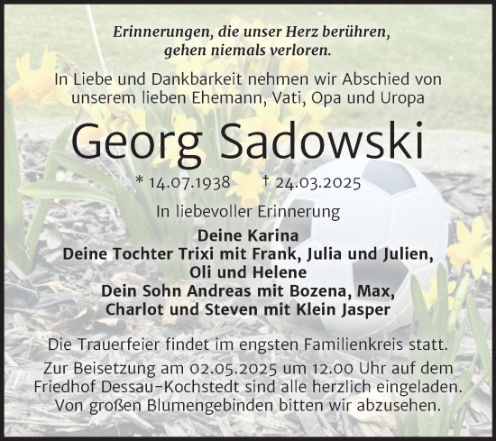 Traueranzeige von Georg Sadowski von Trauerkombi Dessau