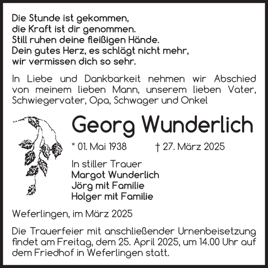 Traueranzeige von Georg Wunderlich von Volksstimme Haldensleben/Wolmirstedt