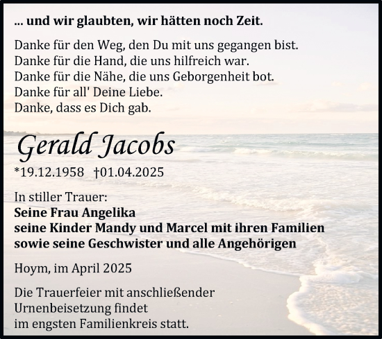 Traueranzeige von Gerald Jacobs von Trauerkombi Aschersleben