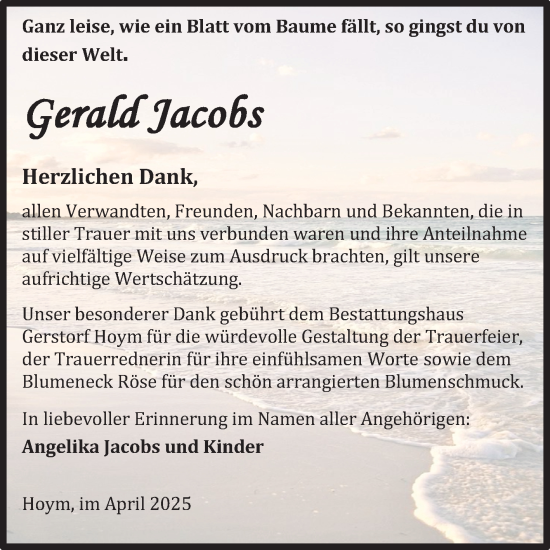 Traueranzeige von Gerald Jacobs von Trauerkombi Aschersleben