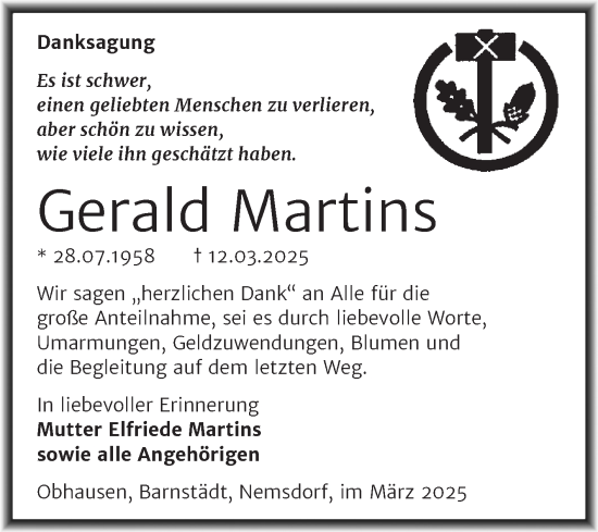 Traueranzeige von Gerald Martins von Trauerkombi Merseburg