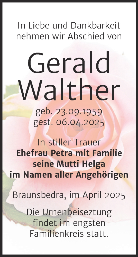 Traueranzeige von Gerald Walther von Trauerkombi Merseburg