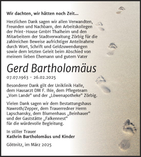 Traueranzeige von Gerd Bartholomäus von Trauerkombi Bitterfeld