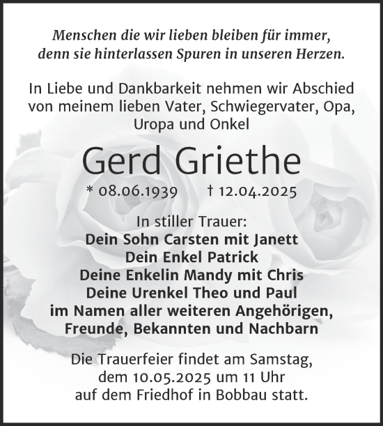 Traueranzeige von Gerd Griethe von Trauerkombi Bitterfeld