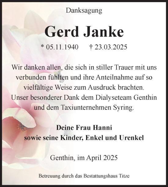 Traueranzeige von Gerd Janke von Volksstimme Burg/Genthin