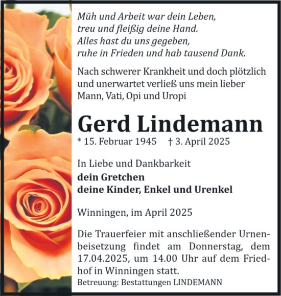 Traueranzeige von Gerd Lindemann von Trauerkombi Aschersleben