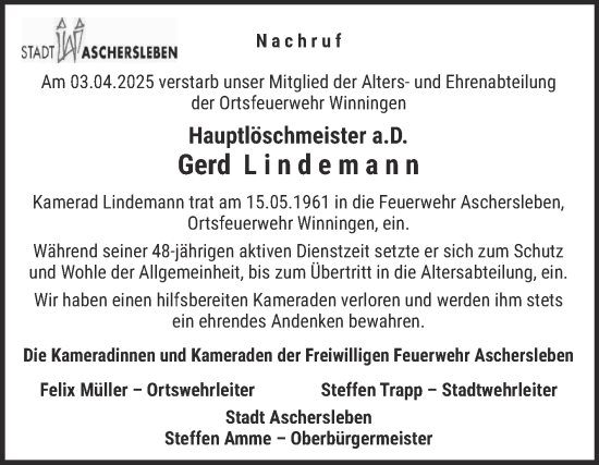 Traueranzeige von Gerd Lindemann von Super Sonntag Aschersleben