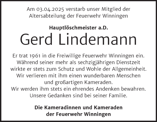Traueranzeige von Gerd Lindemann von Super Sonntag Aschersleben