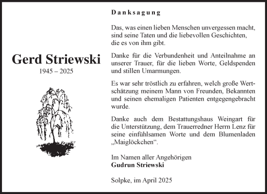 Traueranzeige von Gerd Striewski von Volksstimme Altmark West