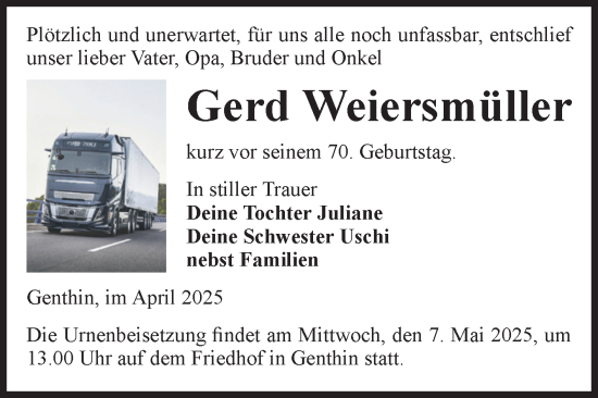 Traueranzeige von Gerd Weiersmüller von Volksstimme Burg/Genthin