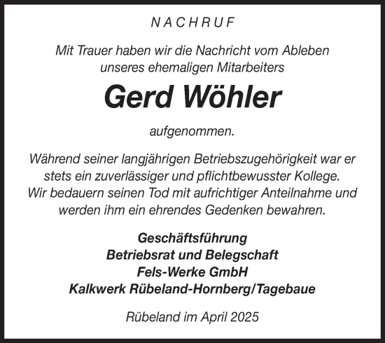 Traueranzeige von Gerd Wöhler von Volksstimme Wernigerode