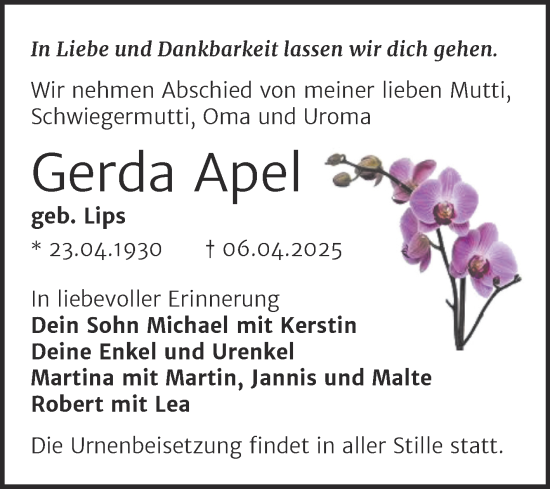 Traueranzeige von Gerda Apel von Trauerkombi Quedlinburg