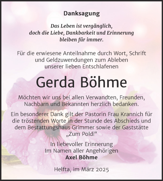 Traueranzeige von Gerda Böhme von Trauerkombi Mansfelder Land