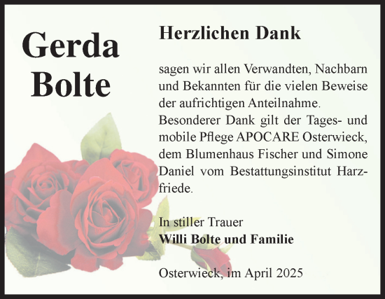 Traueranzeige von Gerda Bolte von Volksstimme Halberstadt