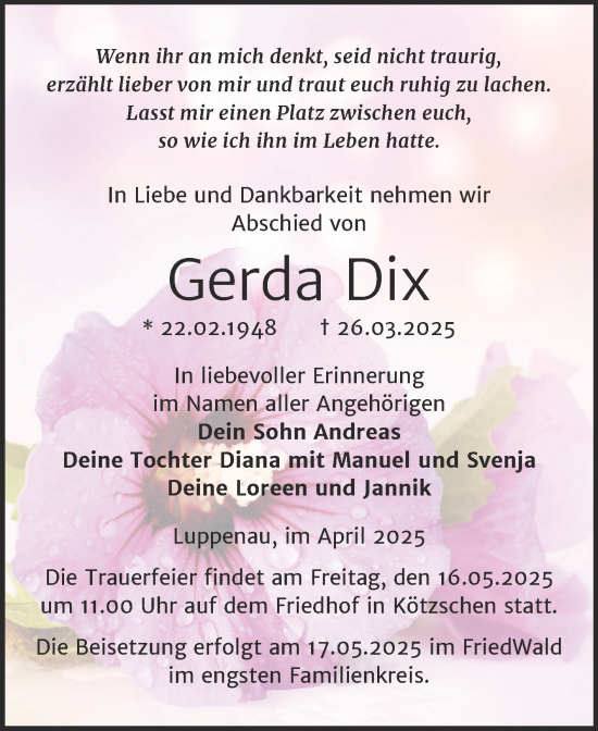 Traueranzeige von Gerda Dix von Trauerkombi Merseburg