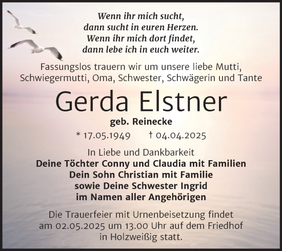 Traueranzeige von Gerda Elstner von Trauerkombi Bitterfeld
