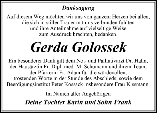 Traueranzeige von Gerda Golossek von Trauerkombi Wittenberg