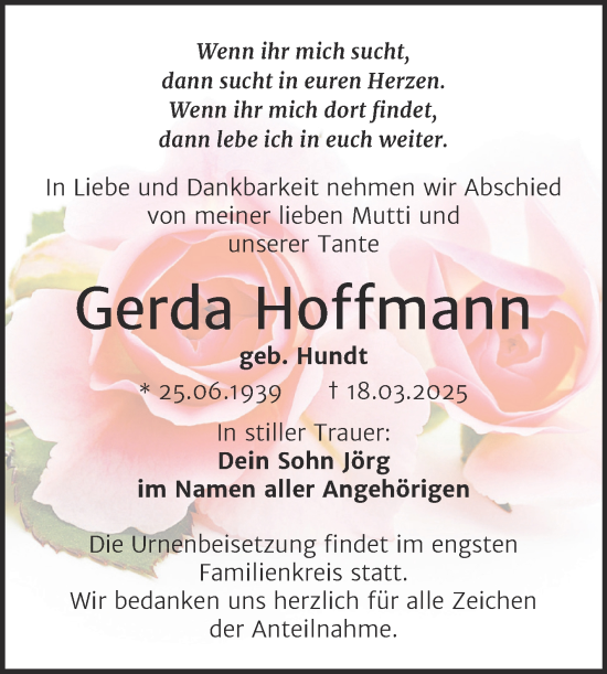 Traueranzeige von Gerda Hoffmann von Trauerkombi Merseburg