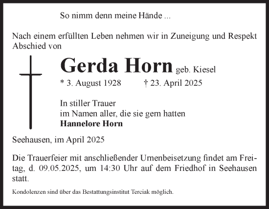 Traueranzeige von Gerda Horn von Volksstimme Oschersleben/Wanzleben