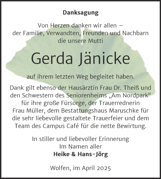 Traueranzeige von Gerda Jänicke von Trauerkombi Bitterfeld