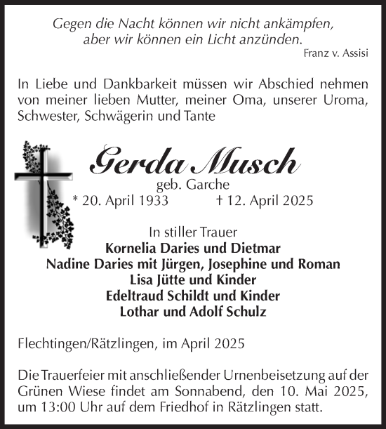 Traueranzeige von Gerda Musch von Volksstimme Haldensleben/Wolmirstedt