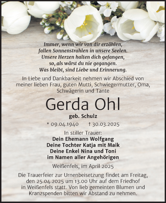 Traueranzeige von Gerda Ohl von Trauerkombi Weißenfels