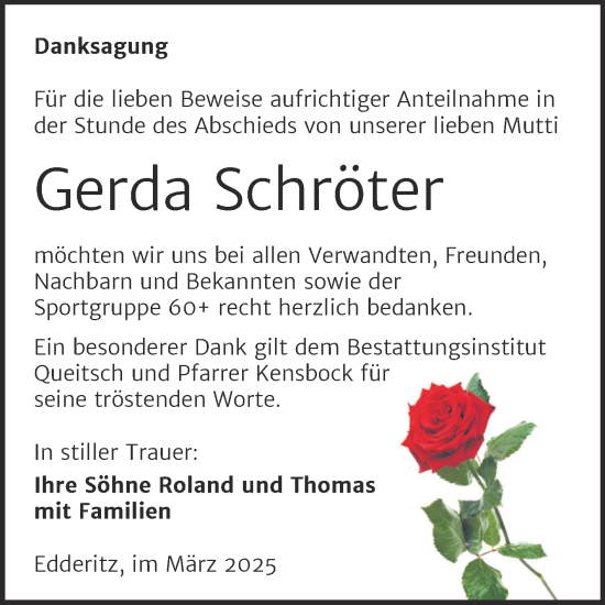Traueranzeige von Gerda Schröter von Trauerkombi Köthen