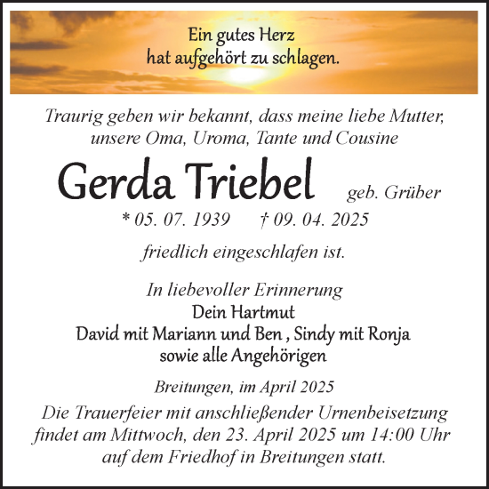 Traueranzeige von Gerda Triebel von Trauerkombi Sangerhausen