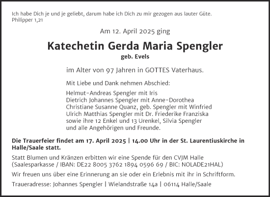 Traueranzeige von Gerda Maria Spengler von Mitteldeutsche Zeitung Halle/Saalkreis
