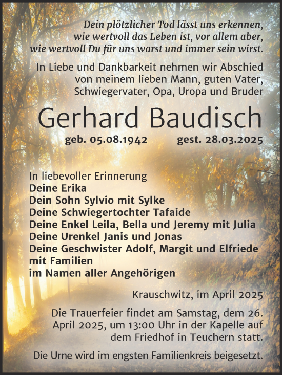 Traueranzeige von Gerhard Baudisch von Trauerkombi Weißenfels